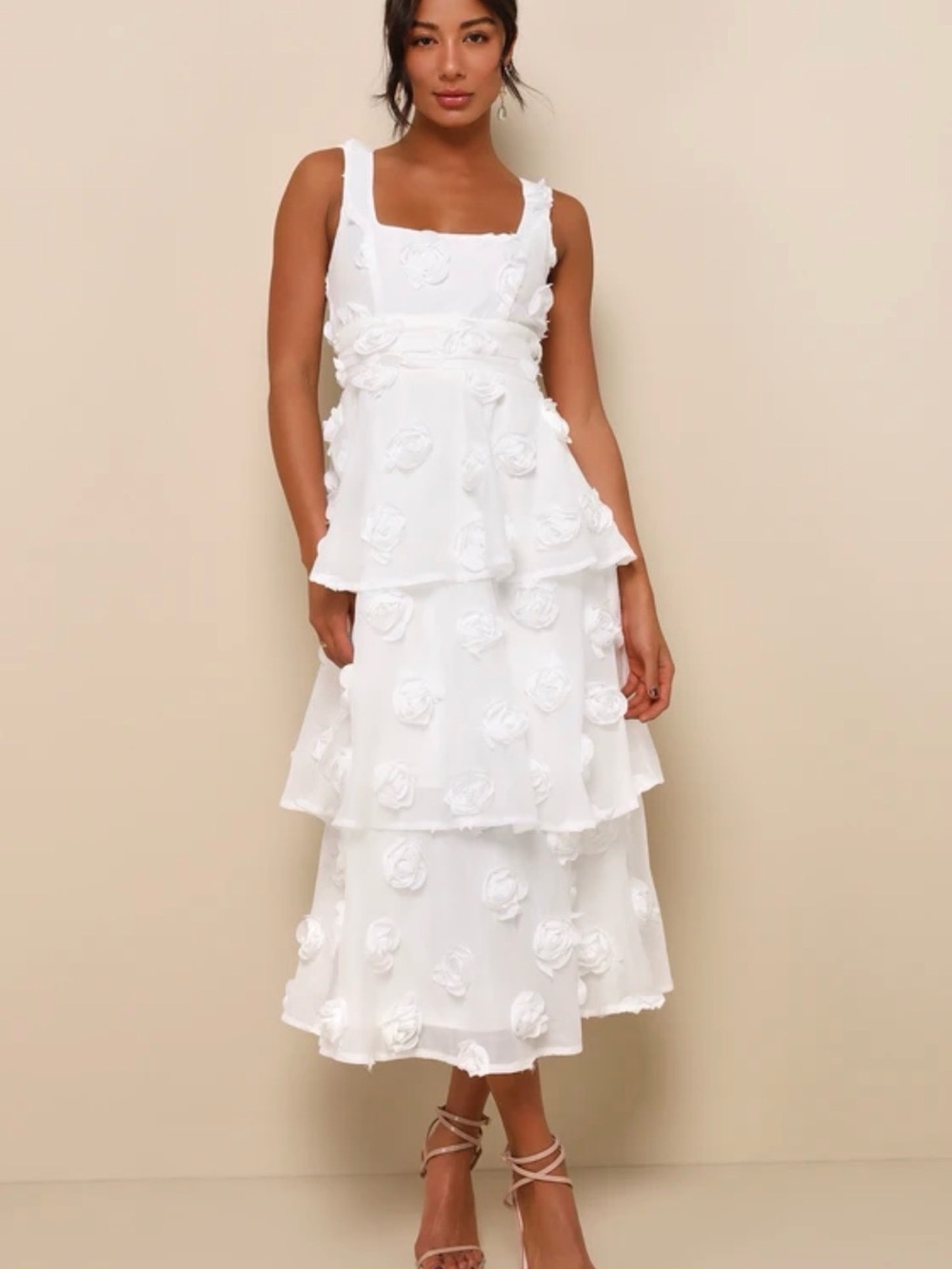Exceptional Entrance White Sleeveless Tiered Rosette Midi Dress